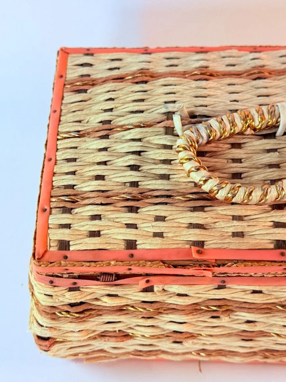 Vintage Wicker Sewing Basket Organizer With Pink Satin Lining & Assorted